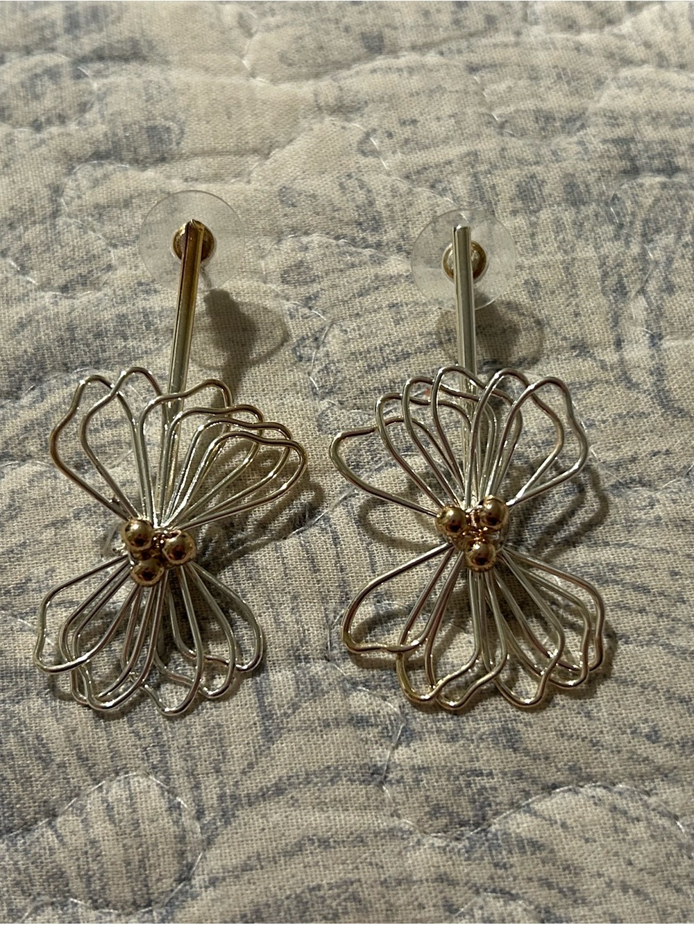 Delicate Silver & Gold Flower Drop Earrings - Women's Jewelry
